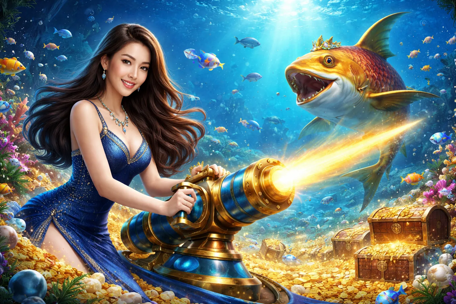 Hình ảnh đại dương rực rỡ với các loài cá và người chơi bắn cá tại suncty
